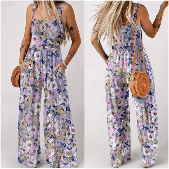 Black Floral Smocked Lace Trim Wide Leg Jumpsuit